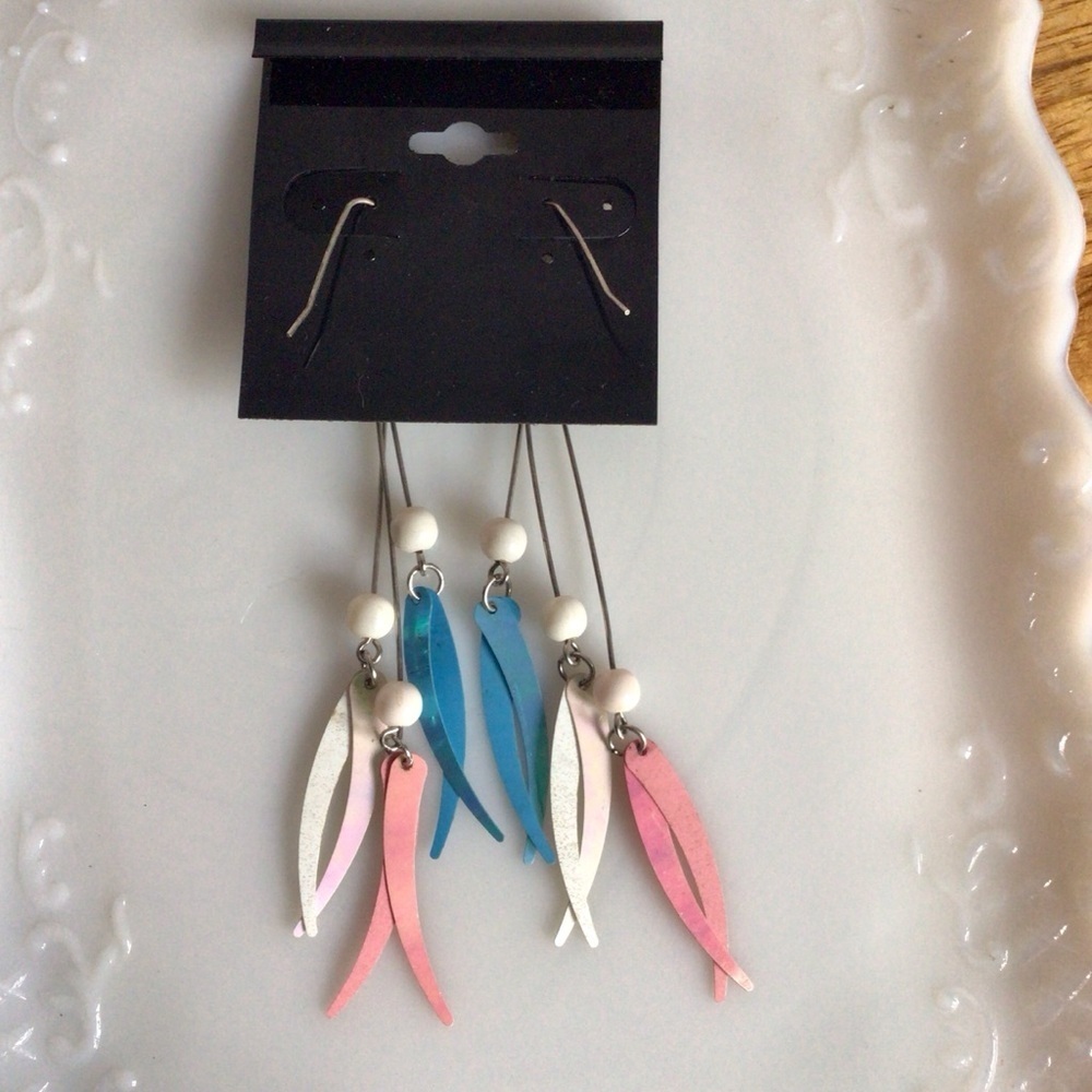 Bohemian Pink and Blue Dangle  Earrings with Beaded Accents - Picture 3 of 3